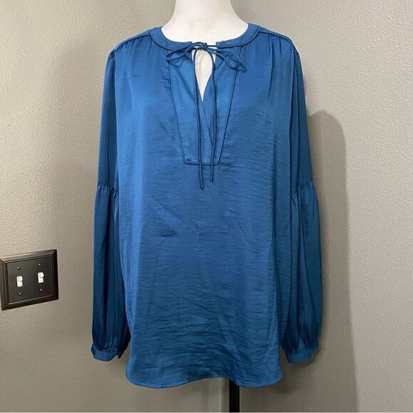 LOFT Teal Blue Green Long Bishop Sleeve Blouse - Picture 1 of 11